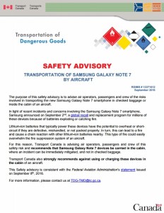 Samsung Galaxy aircraft transportation safety advisory